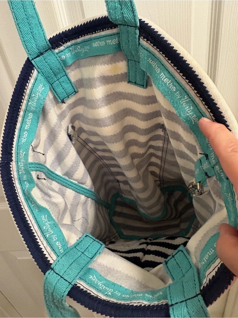 navy and white striped Thirty-One Retro Metro Canvas Tote Bag with teal straps